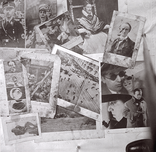 Hunter Montage of material from Bacon's studio, 7 Cromwell Place, c.1950. Top row: Himmler and Goebbels (Picture Post); wounded riders 1936; Velazquez, Pope Innocent X; Nadar, Portrait of Baudelaire. Middle row: Page 99 from Roger Manvell, History of British Film 1896-1906; Grunewald, Christ Carrying the Cross; Bulla photograph of Nevsky Prospekt; three images of Jack Bilbo. Bottom row: Rodin, The Thinker; Rhinoceros from Marius Maxwell, Stalking Game with a Camera. Artwork: © 2021 Estate of Francis Bacon/Artists Rights Society (ARS), New York/DACS, London